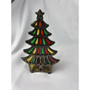 Vintage Metal Stained Glass Christmas Tree Tea Light Candle Holder Tiffany Style